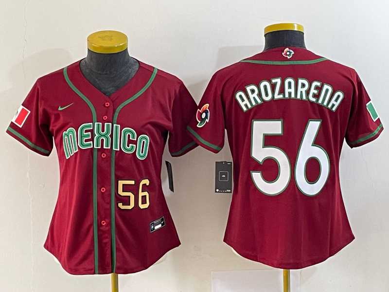 Womens Mexico Baseball #56 Randy Arozarena Number 2023 Red World Classic Stitched Jersey 3